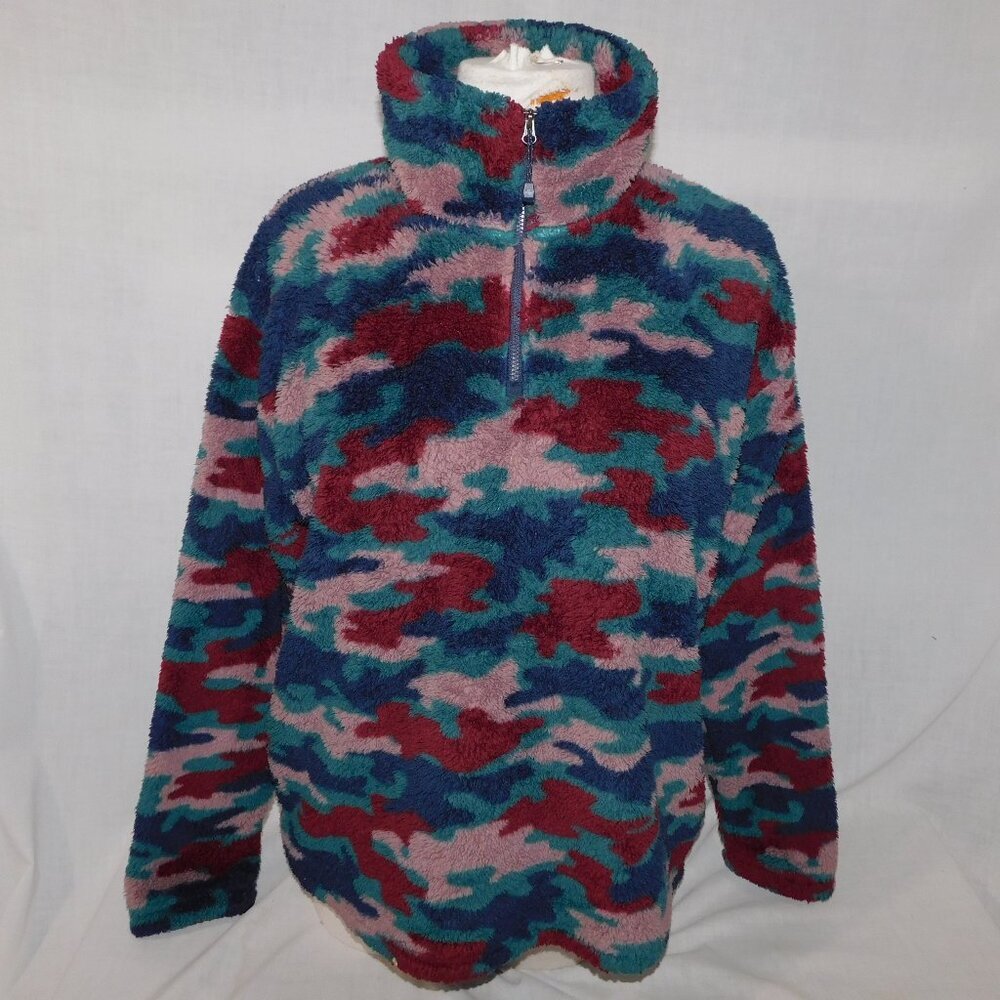 Eddie Bauer Womens L High pile Teddy Fleece Multicolor Camo 1/4 Zip Pullover